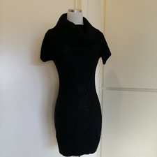 JFW Just For Wraps Cable Knit Sweater Dress M Black Large Cowl Collar, Short Slv