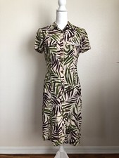 Oscar de la Renta Tropical Leaf Print Shirt Dress Jungle buttons Safari floral 