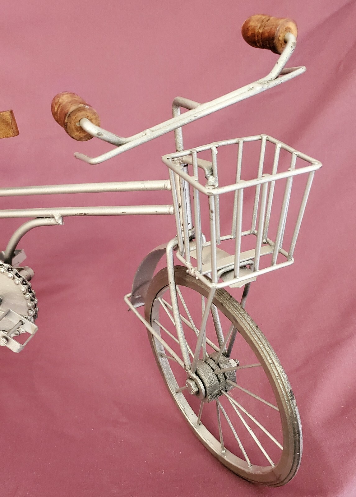 Decorative Tabletop Bicycle Metal Silver Bike With Basket and Movable