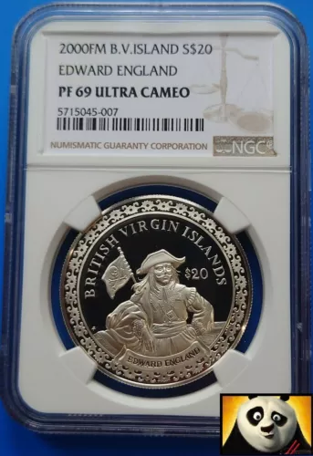 2000 BVI $20 Dollars NGC Top Pop PF69 Pirate Edward England Silver Proof Coin