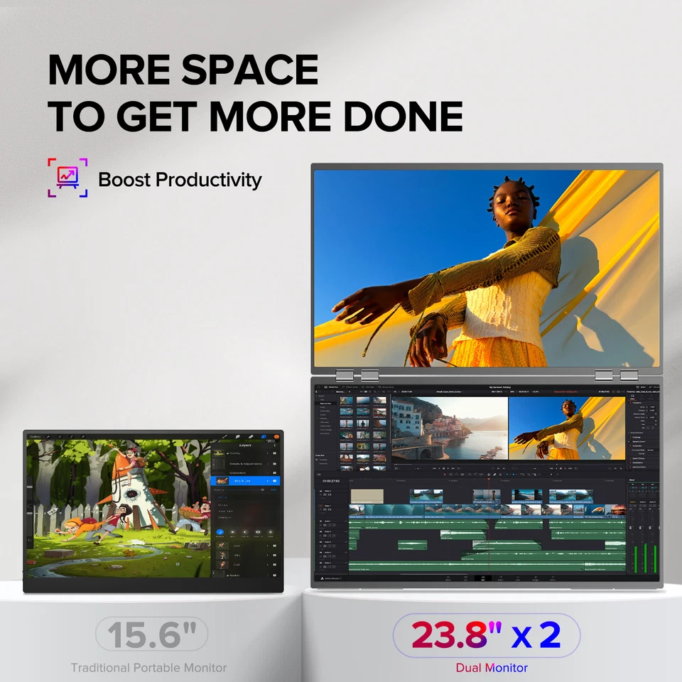 UPERFECT 23.8" FHD 100Hz Dual Monitor Adjustable Stand Monitor Extender Screen - Image 2 of 4