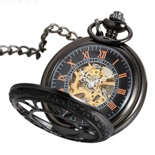 Mens Hallow Pocket Watch Mechanical Black Steampunk Skeleton Retro Chain Luxury