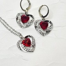 Silvertone Red Heart Necklace And Earrings Set