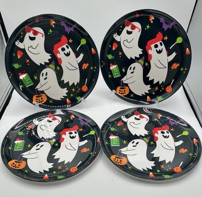 Hyde & Eek Halloween Dinner Plates Plastic Dancing Ghosts Set of 4 New