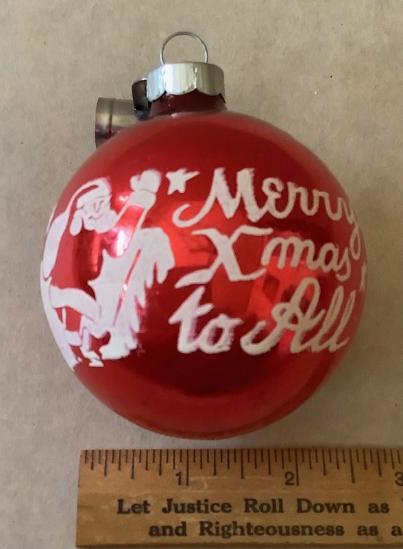 SHINY BRITE -FRANKE 2 5/8" DIAMETER RED GLASS TREE ORNAMENT,MERRY XMAS-SANTA-USA