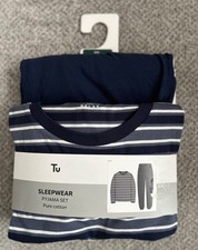NEW TU Men's Pure Cotton Pyjama Set Navy Bottoms/Striped Top Size 2XL