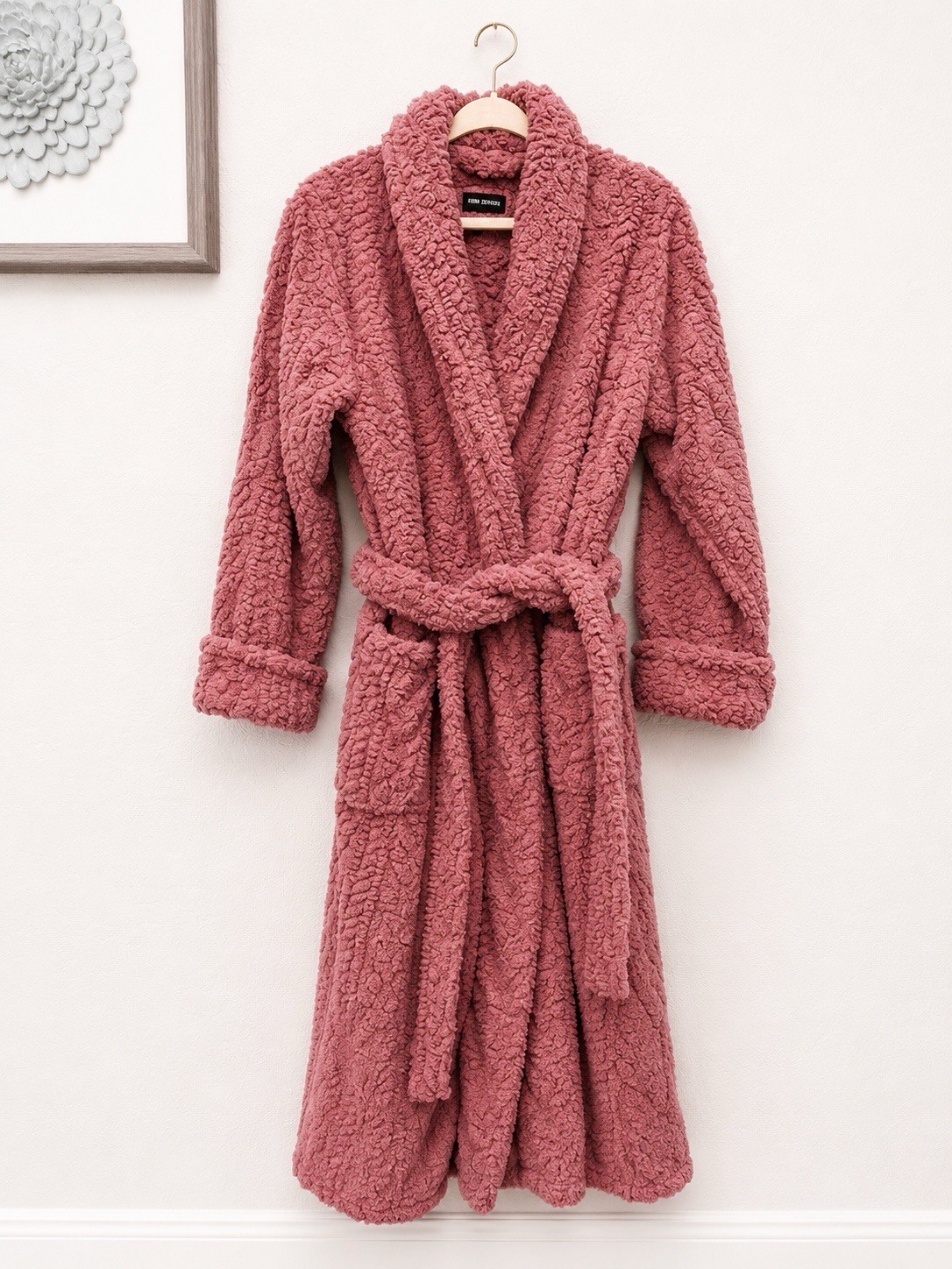 Room Service Women’s Pink Solid Fleece Wrap Robe, Belted Tie, Collared L/G