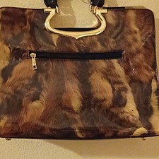Brown Animal Print Satchel Top Handle Bag Zip Gold Hardware Pockets
