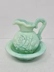 Vintage AVON Jadeite Style Glass Pitcher And Bowl Set Floral Design No Lid