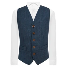 Luxury Denim Blue Herringbone Check Waistcoat, Tweed