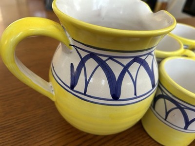 Vintage Nuova Vietri Hand Painted Pitcher and 5 Mugs Set Italy (Never Used)