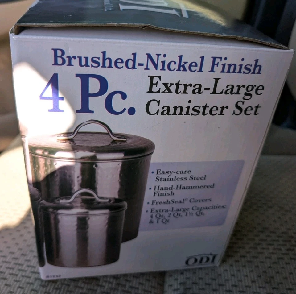 Antiguo juego de 4 botes de níquel cepillado martillado holandés (1943) nuevo en caja Foto 3 de 3