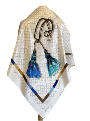 AS3#Armine Silk Scarf Ivory Monogram Blue Tassel Print Turkish Hijab Style