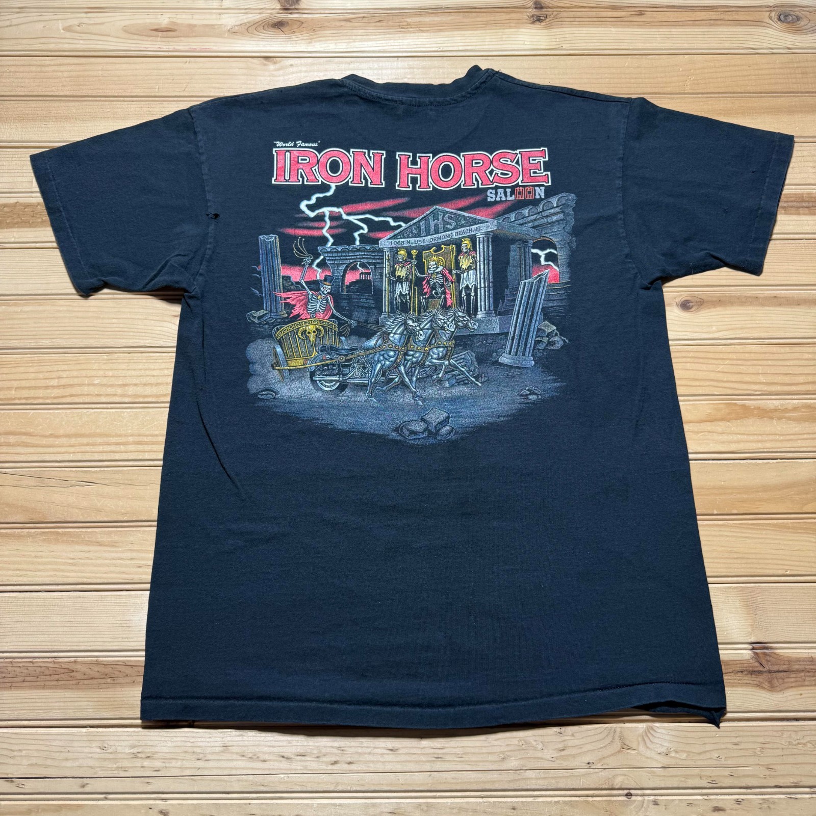 Vintage 90s Iron Horse Saloon Biker Bar Skeleton Chariot Pocket T-Shirt USA - XL