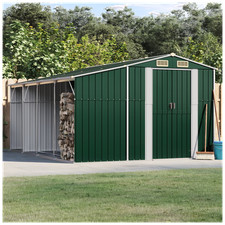 Garden Shed 277x93x179cm Green Galvanised Steel with Firewood Rack & Gate Corner
