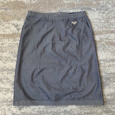 Vintage Roxy Quiksilver Denim Midi Rock UK 10-12 Y2K Surf Skate A-Linie blau