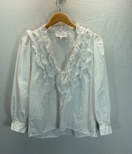 The Great Womens Size 2 White Ruffle V Neck Button-Down Balloon sleeve Button up
