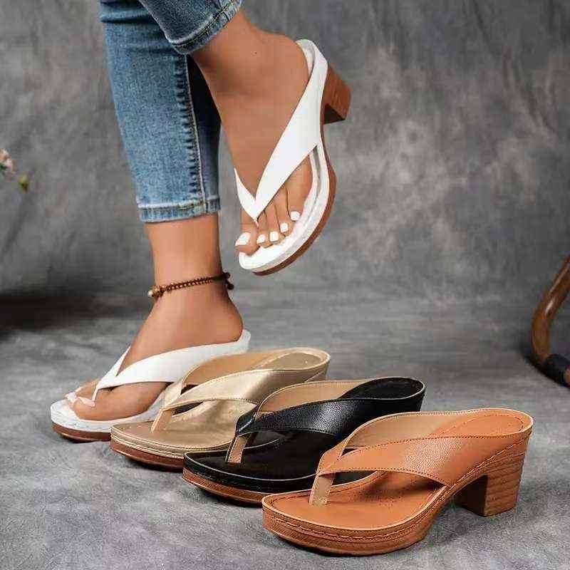 Women's Wedge Flip Flop Sandals Slip On Square Heel Summer Slides Casual Leather