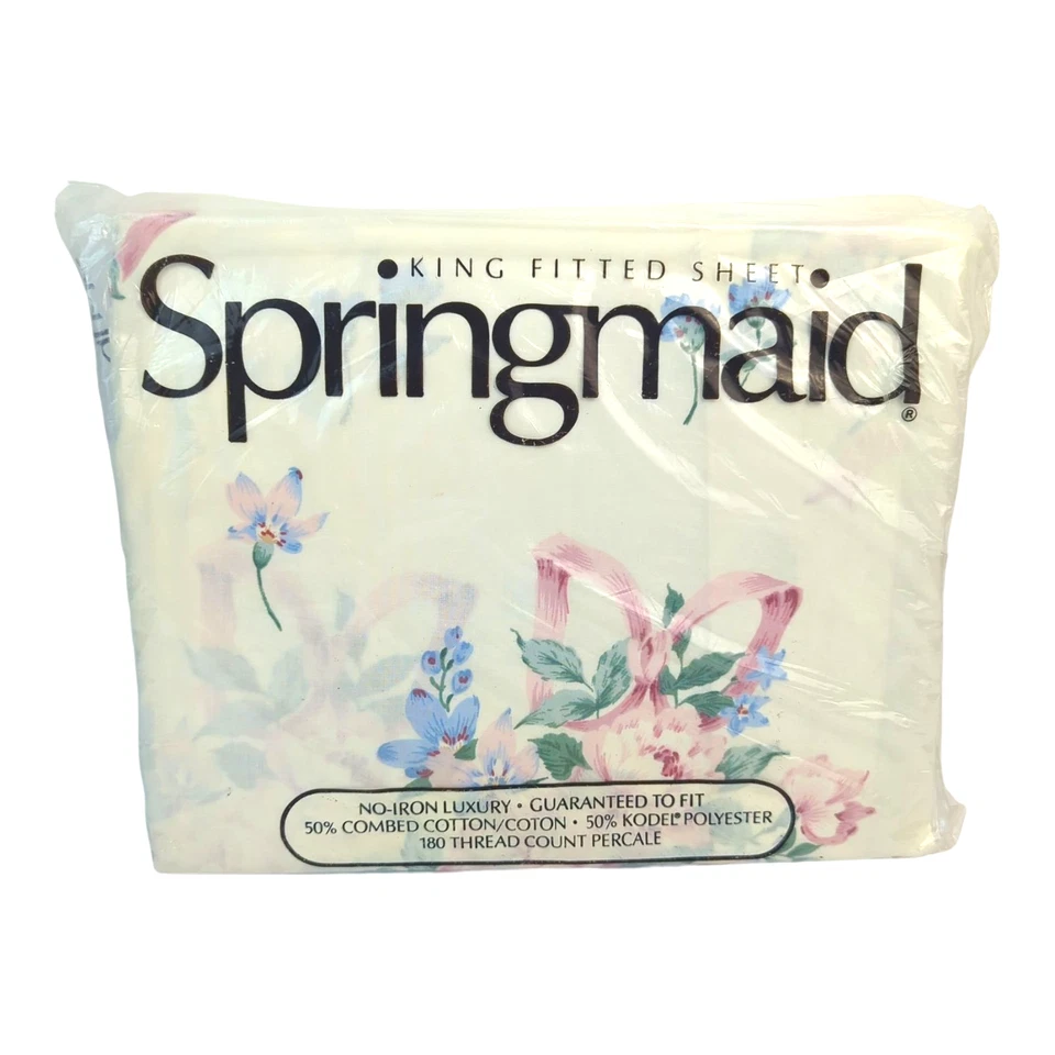 Vtg Springmaid King Sheet Set Flat & Fitted Floral Bridal Bouquet NOS New 1990s - Image 2 of 4