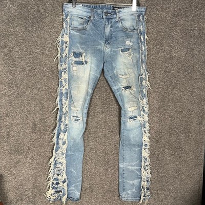 Smoke Rise Mens Jeans 32x36 Stacked Flared Fit Light Distressed Ripped Fringe