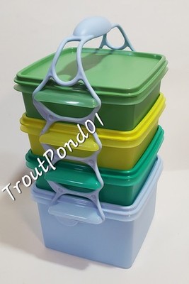 Tupperware Quartet Square Aways Sandwich Keepers w/ Handle Picnic Goody Box Teal