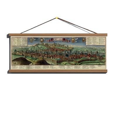 Antique 1740 Panoramic Map Town View of Prague; Canvas Magnetic Wooden Hanger