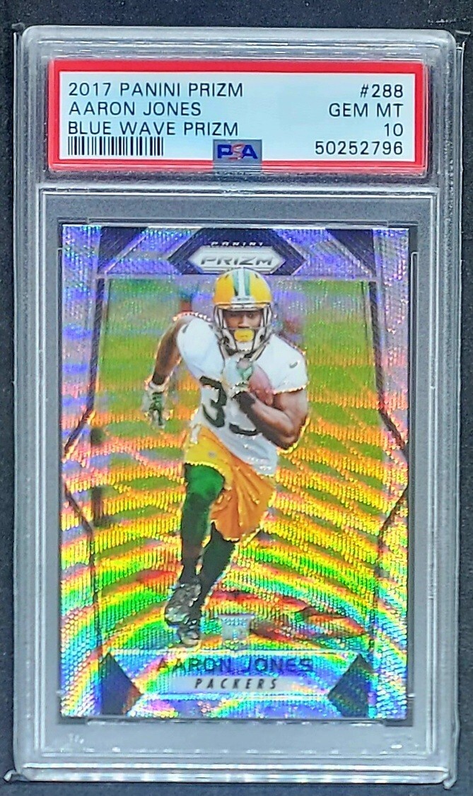 2017 PRIZM AARON JONES BLUE WAVE PRIZM SP RC #288 PSA 10 GEM MINT #/149 POP 6