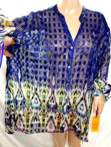 Ruby Rd. Women Plus 16W Elegant Sheer Chiffon Top Button Down Shirt Blouse Blue - Picture 7 of 12