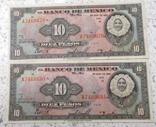 1937 M MEXICAN BANCO SEPT 22, DIEZ PESOS NOTE! XF++/AU CONDITION! RARE!