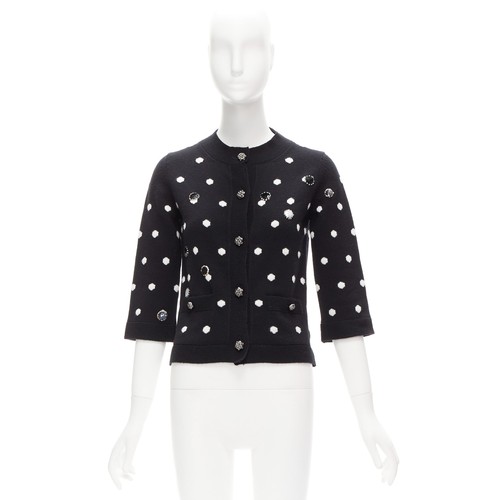 CHANEL 08A 100% cashmere silver embellished black polka dot cardigan FR34 XS - Picture 9 of 9