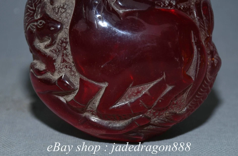 4" Old Chinese Marked Red Amber Carved 12 Zodiac Year Animal Pattern Round Ball - Image 3 of 4