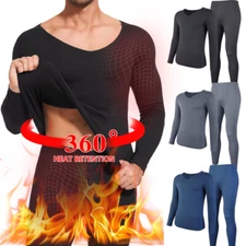 Men V-Neck Fleece Lined Thermal Underwear Set Base Layer Long Johns Top Bottom
