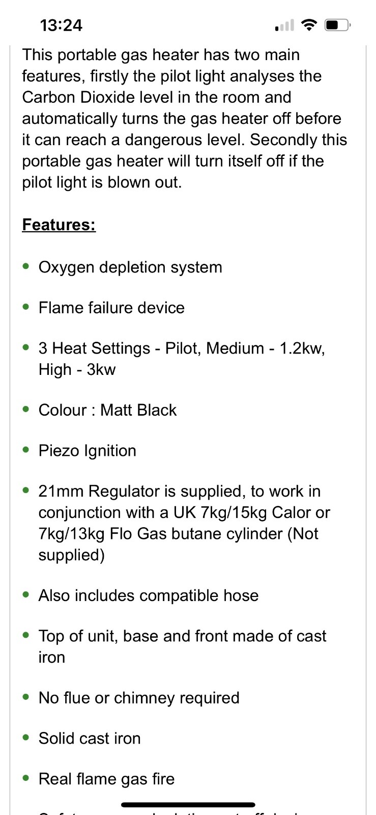 Provence Portable Flueless 3.4KW Log Effect Calor Gas Stove Heater Matt