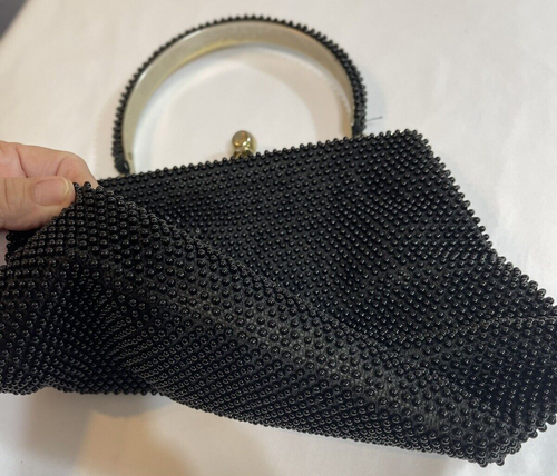 Vintage Beaded Black Handbag Gold Kiss Lock Beaded Top Handle BM - 第 7/7 張圖片