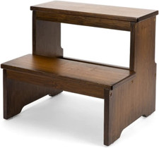 Bamboo Two Step Stool for Adults and Kids, Bed Stepstool with Anti-Slip Bottom,