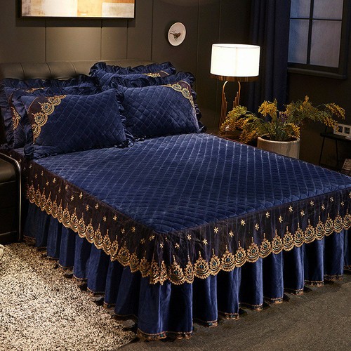 Solid Quilted Velvet Lace Bed Skirt Bedspread Twin King Soft Warm Fitted Sheets - Picture 10 of 63