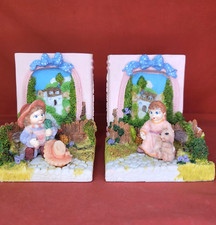 Resin Bookends Cute Girl  Boy with Dog Sitting in Garden Pink Blue Green