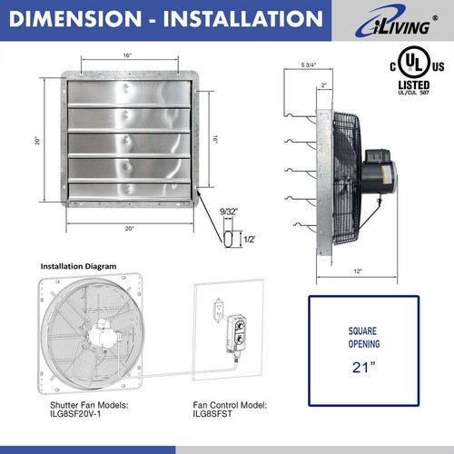 iLIVING 10/12/16/18/20" Shutter Exhaust Fan with Thermospeed Controller - Picture 26 of 28