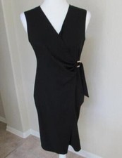GLAMOUR womens 6 black sleeveless vneck faux wrap dress LBD stretch NWT