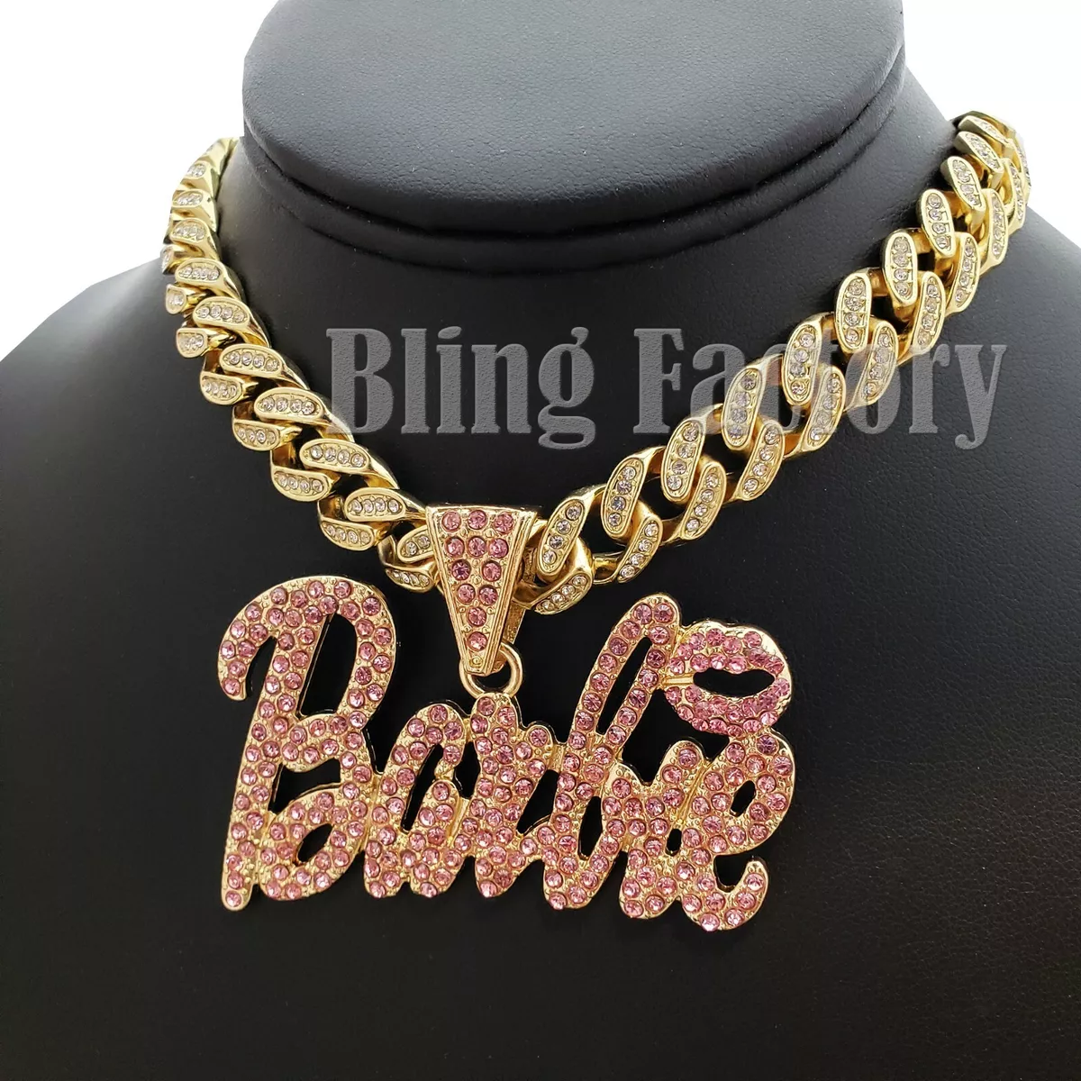 Women Gold Plated Alloy Pink Barbie & Iced Cubic Zirconia Cuban Chain  Necklace