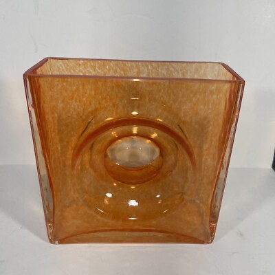 Christian Tortu Orange Diabolo Square Glass Vase Signed MidCentury