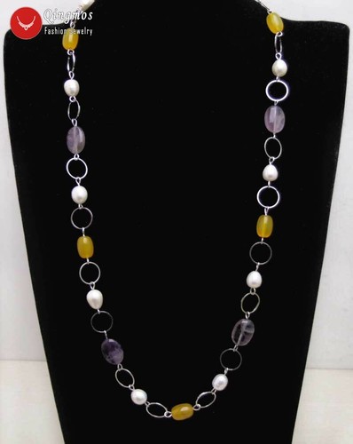 Collana donna 10-11 mm riso perle bianche ametista giada anello metallo lungo 32'' - Foto 1 di 6