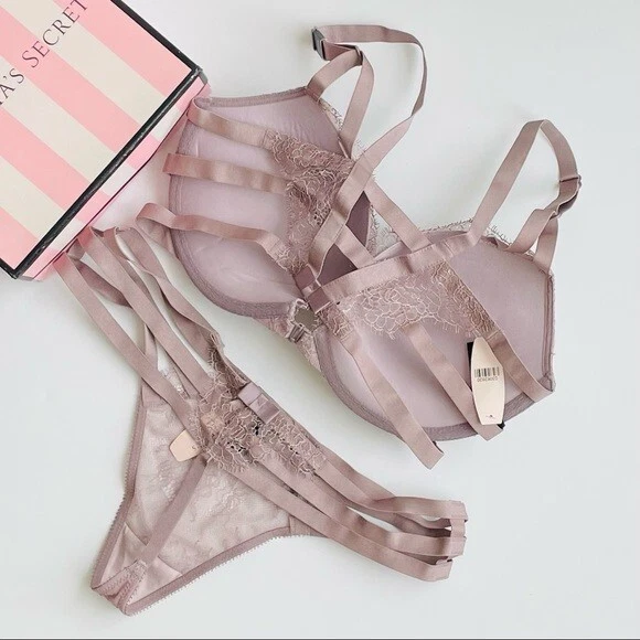 DE COLECCIÓN 32DD PEQUEÑO Victoria’s Secret Bronceado Tiras Pushup Sujetador Conjunto Tanga Bragas Foto 4 de 4