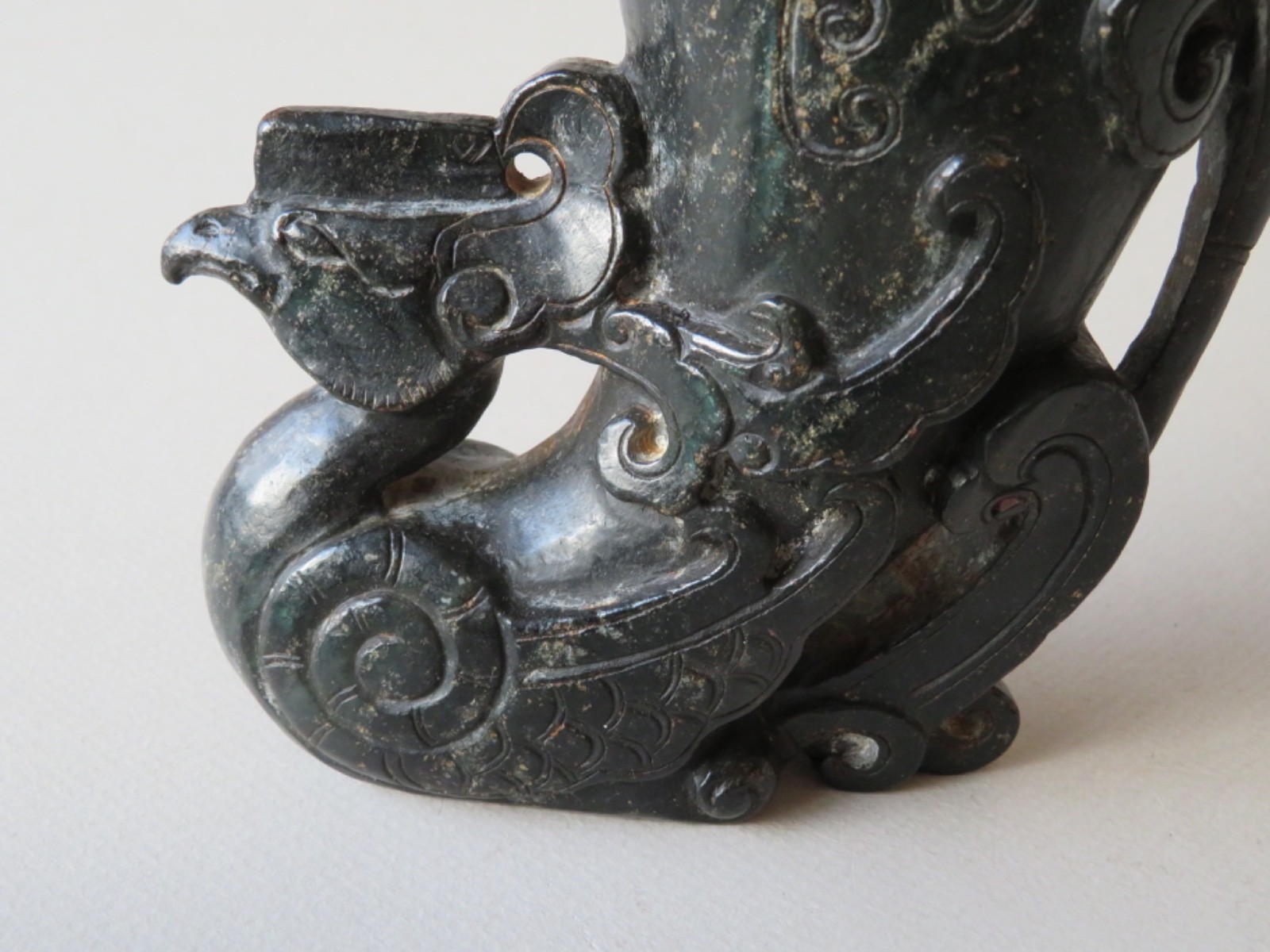 LARGE, UNUSUAL CHINESE PHOENIX RHYTON CUP --- BLACK JADE (TESTED) --- LATE QING