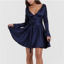 House of CB Dominique Plunge Mini Dress Navy Balletcore Date Night Size: Medium