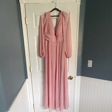 Azazie Norah Powder Pink Chiffon Long Sleeve V-Neck Bridesmaid Dress Size 10