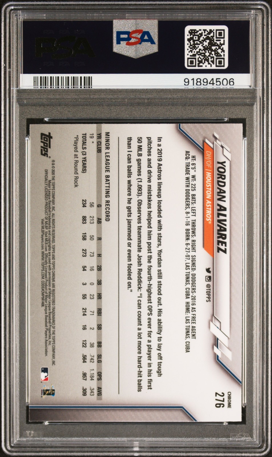 2020 TOPPS CHROME SAPPHIRE EDITION #276 YORDAN ALVAREZ ROOKIE RC PSA 10 view 2