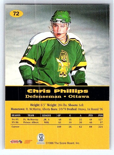 1996 Score Board All Sport #72 - Chris Phillips - ROOKIE CARD - C 3 - Picture 2 of 2