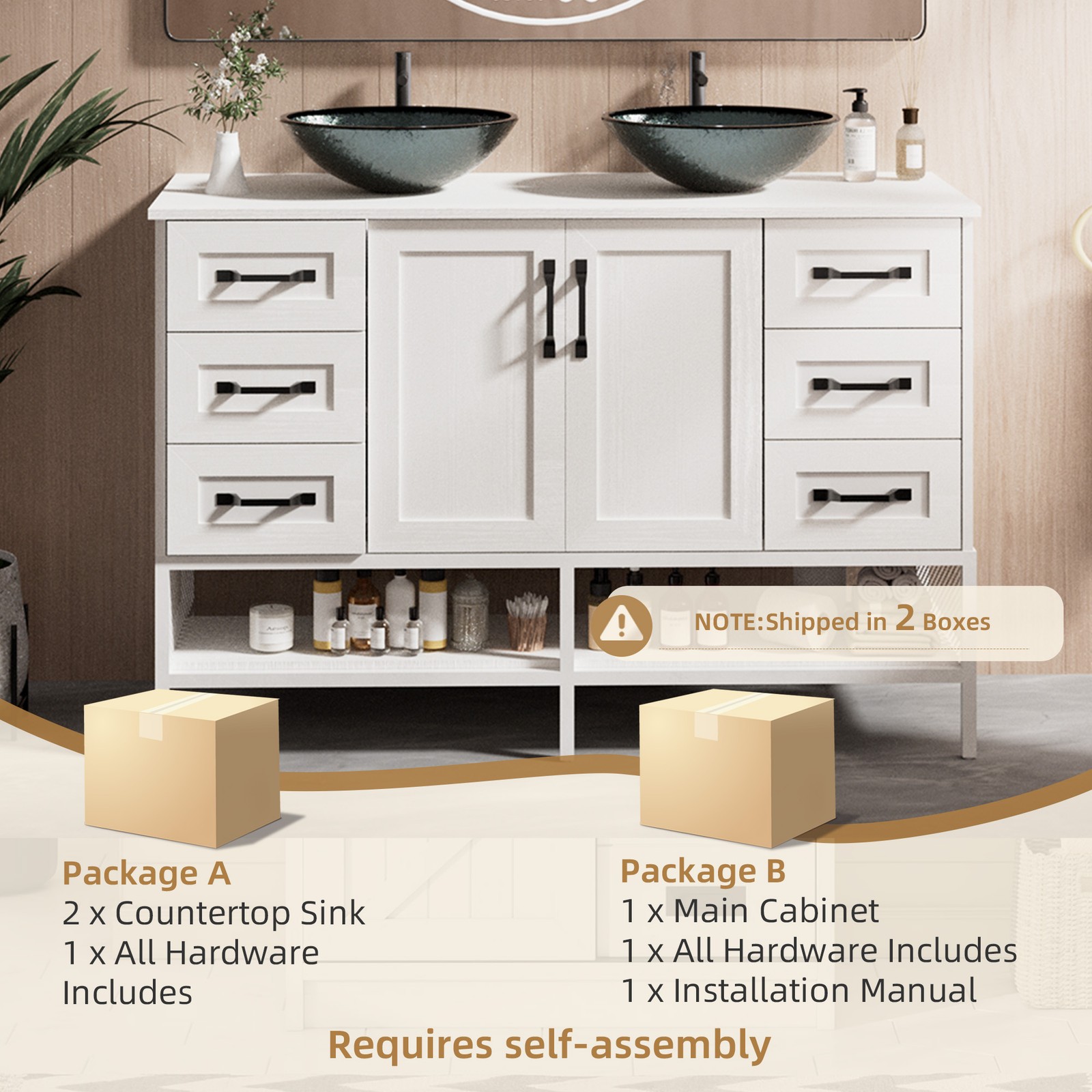 48" Bathroom Vanity with Tempered Glass Sink Open Shelves and 6 Storage Drawers