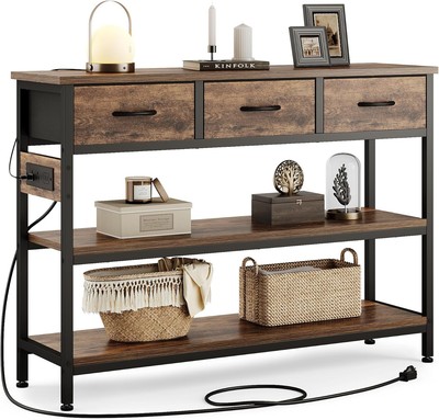 Lulive Entryway Table with Power Outlets, Console Table with 3 Fabric Drawers, S